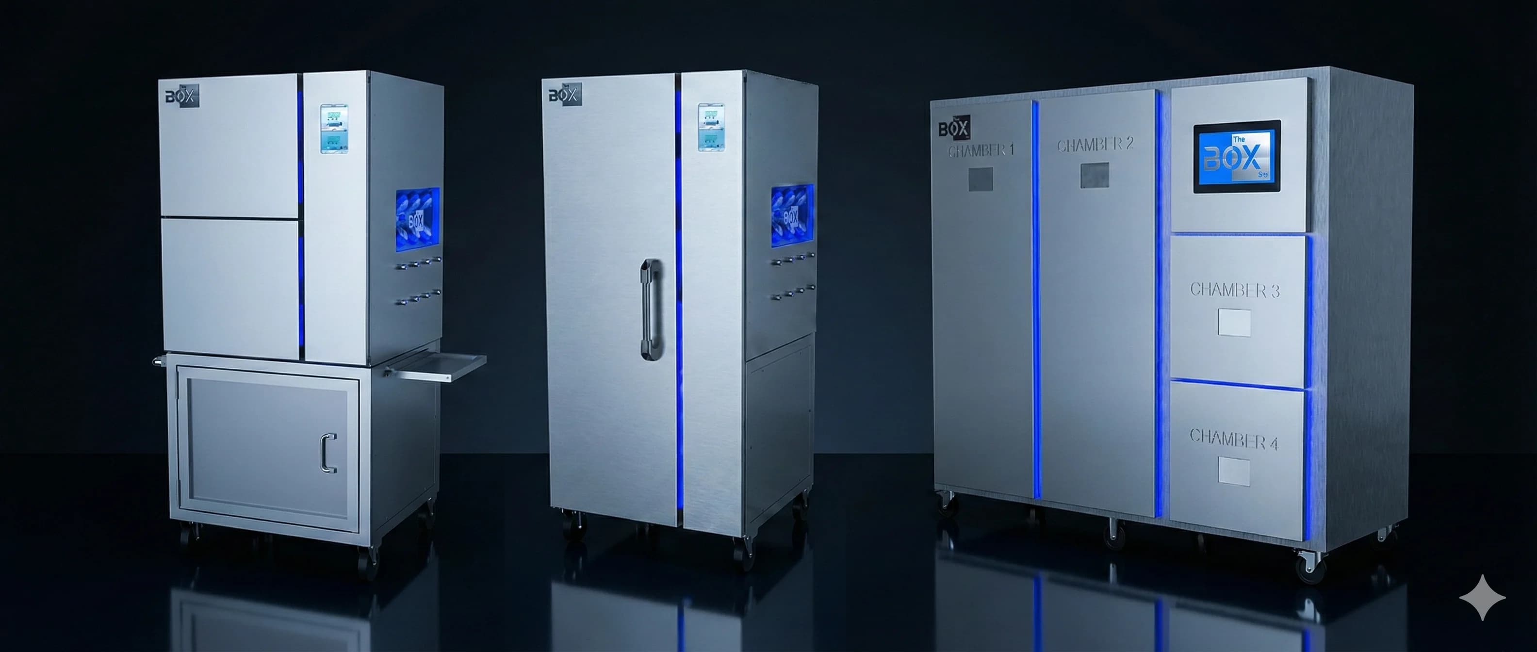 TheBOX product lineup showing single chamber, dual chamber, and quad chamber vapor infusion systems