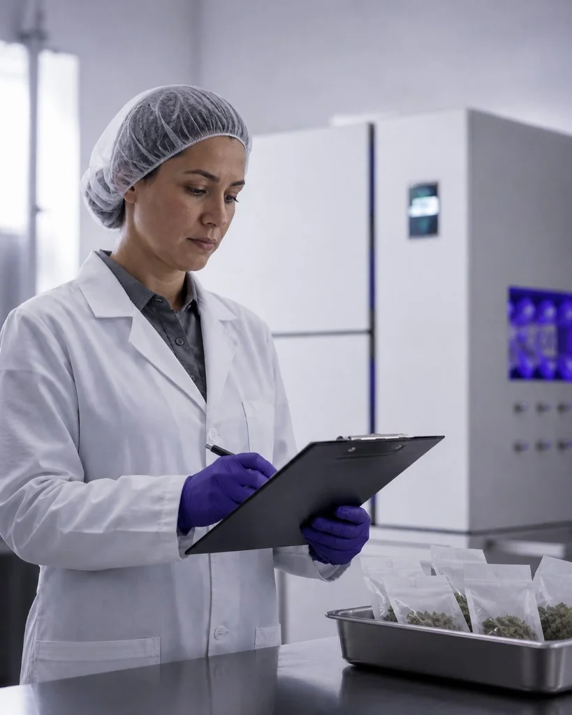 Cannabis processing professional in lab coat and hairnet recording batch documentation on a clipboard, with TheBOX® and packaged flower in the background
