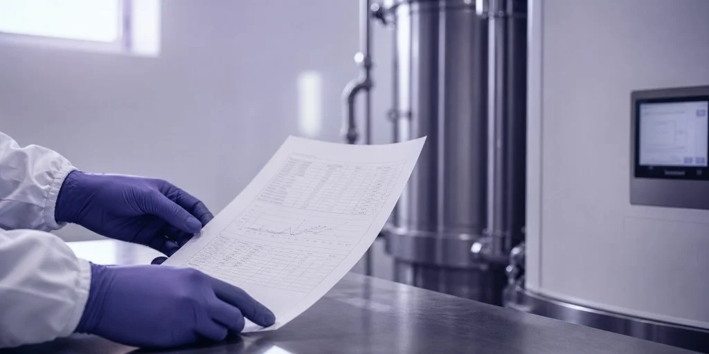 Gloved hands reviewing a printed batch record beside a pharmaceutical-grade processing chamber