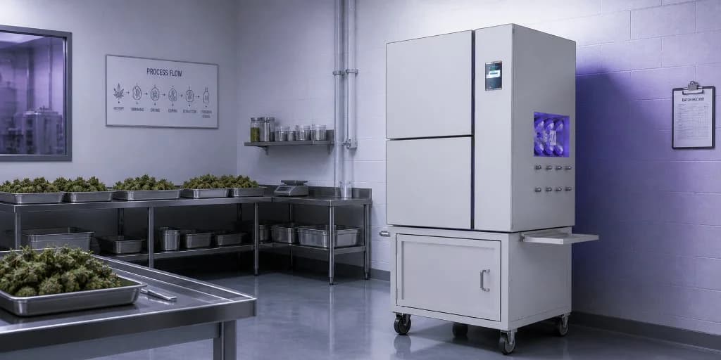 TheBOX® installed in a licensed cannabis post-harvest processing room, with stainless steel work tables holding fresh-trimmed flower trays in the foreground and a process flow diagram on the wall